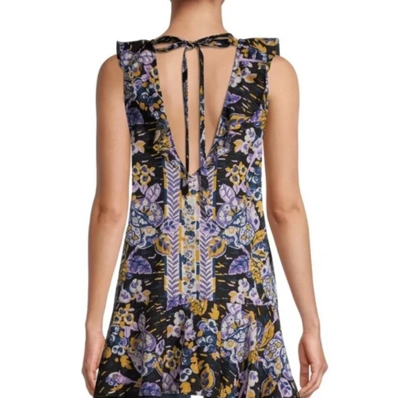 NEW FREE PEOPLE SUMMER TULUM TUNIC PURPLE/GOLD FLORAL OPEN BACK SIZE XS/S NWT - Picture 3 of 9